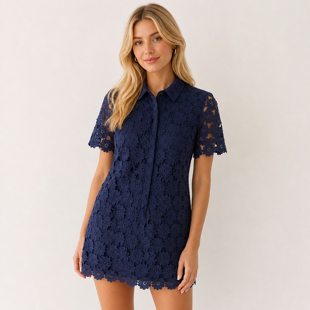 Umgee Floral Lace Mini Dress Medium Navy Blue Short Sleeve Collared Women
